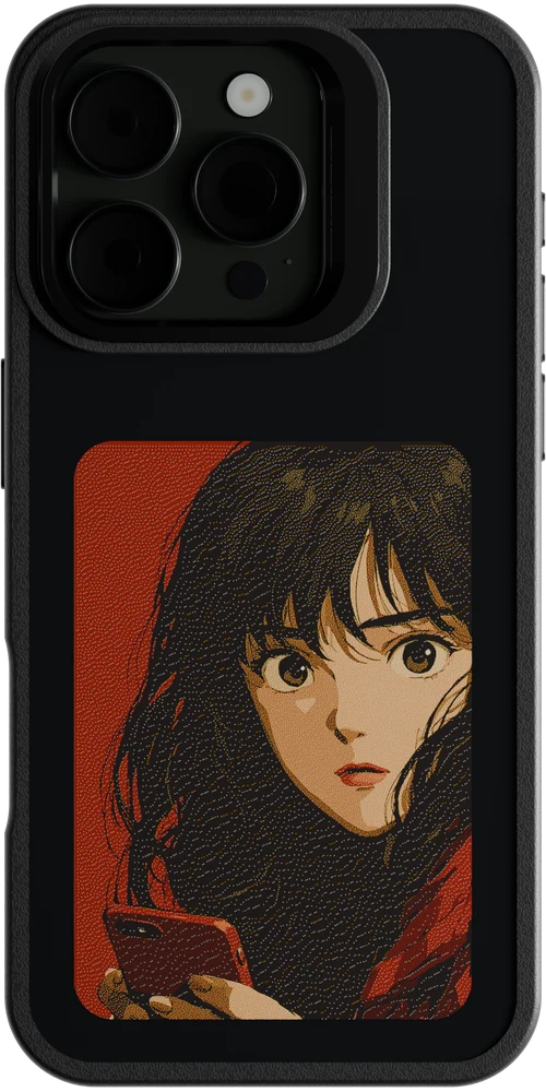 赤い背景の人物イラストを表示したMyCase