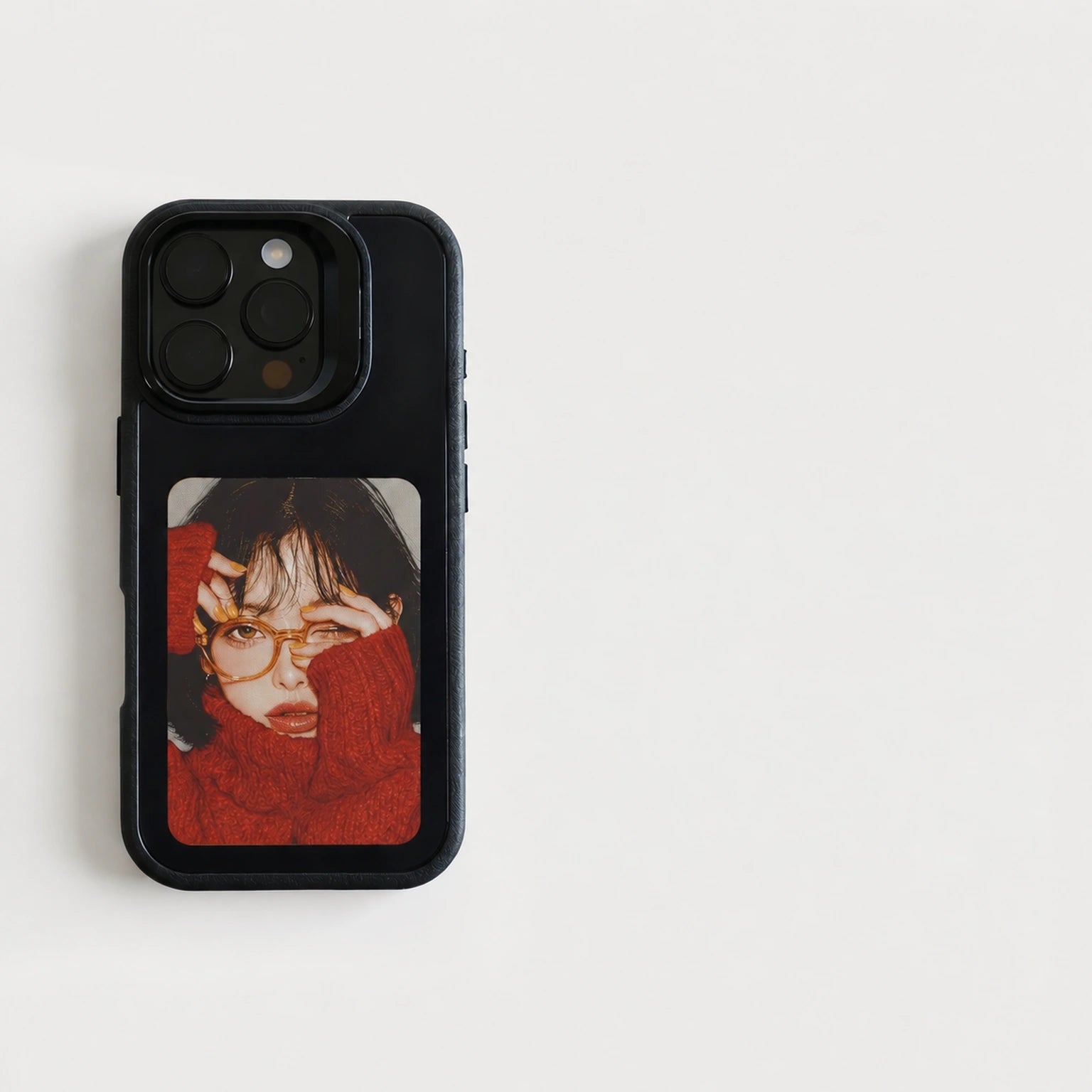 赤いニットと眼鏡の人物を電子ペーパーに表示したMyCase